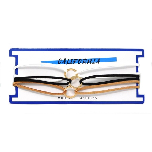 Suede Choker Necklace Bohemian Choker w/ Ring Set of 3 White Brown Black - Picture 2 of 8